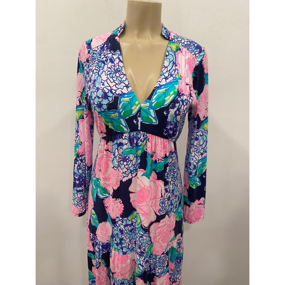 Lilly Pulitzer Martinique Tiered Maxi Dress Womens MED Navy Blue Floral Resort - Picture 4 of 16